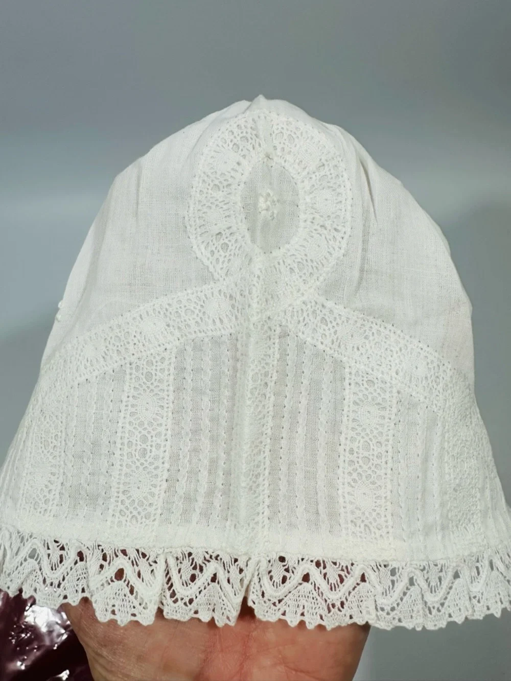 Vintage Rococo White Handmade Lace Baby Bonnet Ribbon Ties Baptism Christening